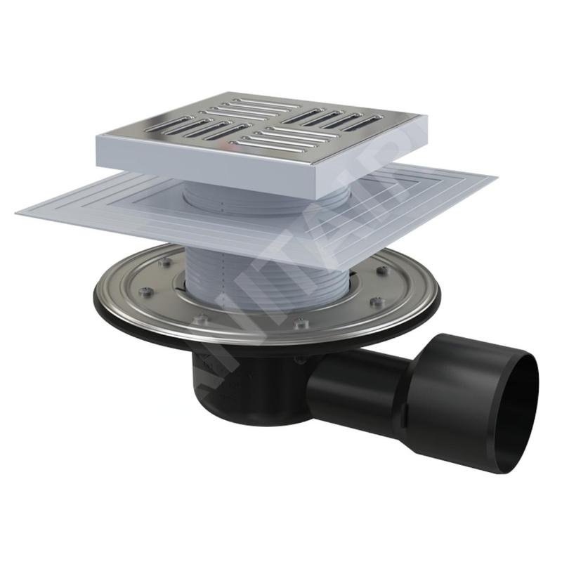 Alcadrain Douchegoten - Siphon de sol latéral 150x150 mm, diamètre 50/75 mm, 2ème niveau d'isolation, arrêt de l'eau et des