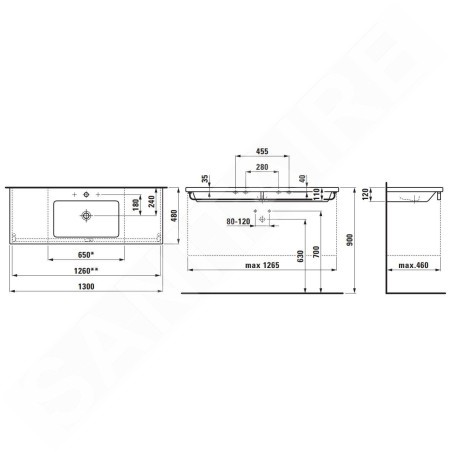 Laufen Living - Lavabo à poser 1300x480 mm, avec 3 trou de robinet, blanc H8164350001081