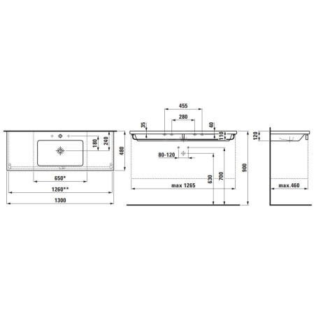 Laufen Living - Lavabo à poser 1300x480 mm, avec 1 trou de robinet, blanc H8164350001041