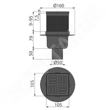 Alcadrain Douchegoten - Siphon de sol, droit 105x105 mm, diamètre 50 mm, combiné avec un obturateur d'odeurs SMART, acier