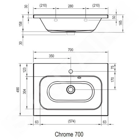 Ravak Chrome - Lavabo 700x490 mm, avec un trou pour robinet, blanc XJG01170000