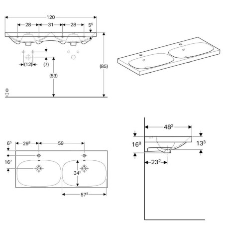 Geberit Acanto - Double lavabo, 1200x482 mm, 2 trous, avec trop-plein, avec KeraTect, blanc 500.627.01.8