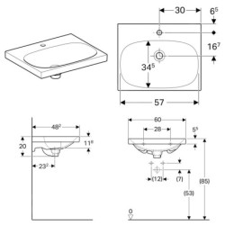 Geberit Acanto - Lavabo 600x482 mm, avec 1 trou, avec trop-plein dissimulé, blanc 500.629.01.2