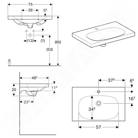 Geberit Acanto - Lavabo 750x482 mm, avec 1 trou, avec trop-plein dissimulé, avec KeraTect, blanc 500.630.01.8