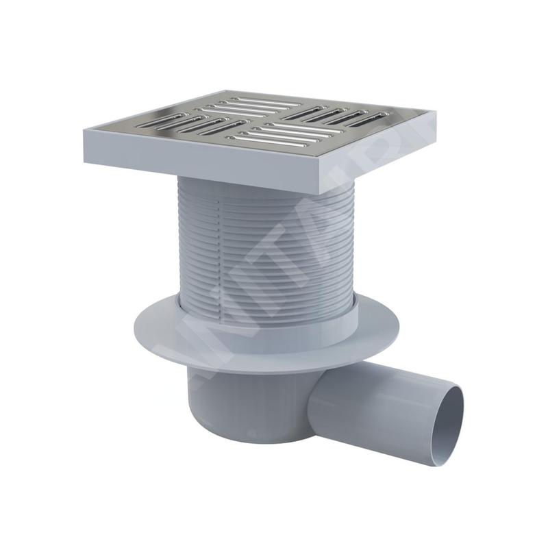 Alcadrain Douchegoten - Siphon de sol latéral 150x150 mm, diamètre 50 mm, arrêt des odeurs d'eau, acier inoxydable/plastique