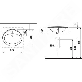 Jika Ibon - Lavabo encastré 520x410 mm, avec trop-plein, trou pour robinetterie, blanc H8130100001041