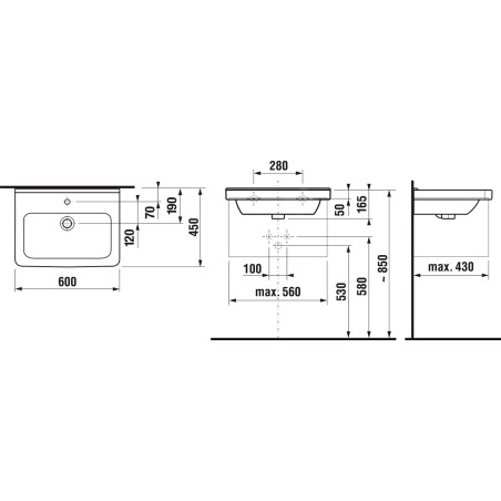 Jika Cubito - Lavabo, 600x450mm mm, sans trou pour robinetterie, blanc H8104230001091