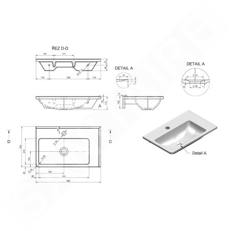 Sapho Arana - Lavabo 560x110x350 mm, sans trop-plein, trou pour robinetterie, blanc AN056