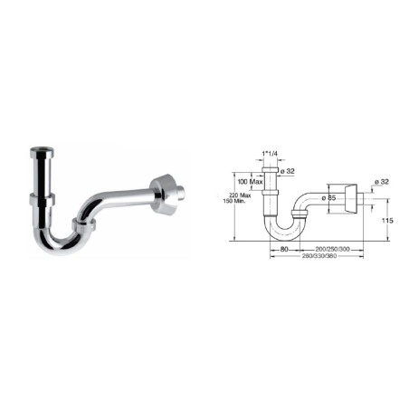 Sapho Bonomini Royal Family - Siphon de lavabo 1 1/4, sortie d'évacucation 32 mm, chrome 0220EC20K7
