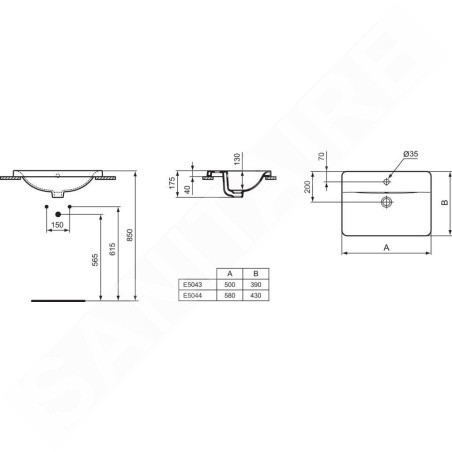 Ideal Standard Connect - Lavabo encastré, 500x390 mm, avec déversoir, 1 ouverture pour mitigeur, blanc E504301