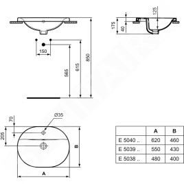 Ideal Standard Connect - Lavabo encastré, 550x430 mm, avec déversoir, 1 ouverture pour mitigeur, blanc E503901