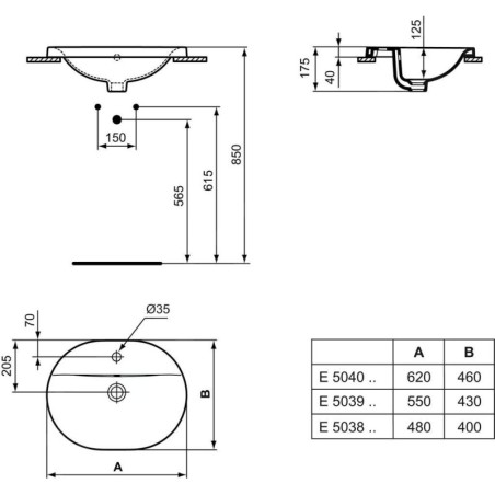 Ideal Standard Connect - Lavabo encastré 620x460 mm, avec déversoir, 1 ouverture pour mitigeur, blanc E504001