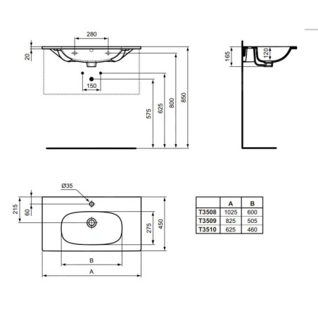 Ideal Standard Tesi - Lavabo à encastrer 1025x450x165 mm, un trou pour mitigeur, blanc T350801