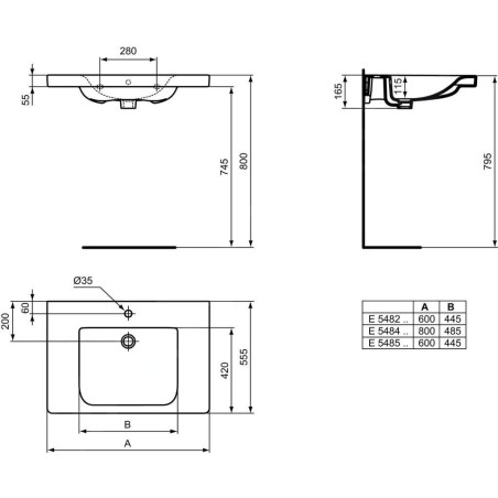 Ideal Standard Connect Freedom - Lavabo 600x560 mm, 1 ouverture pour mitigeur, sans déversoir, blanc E548501