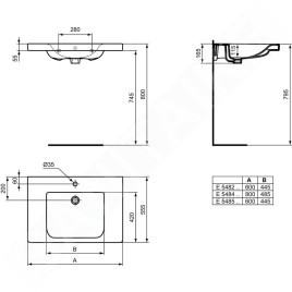 Ideal Standard Connect Freedom - Lavabo 600x560 mm, 1 ouverture pour mitigeur, sans déversoir, avec Ideal Plus, blanc E5485MA
