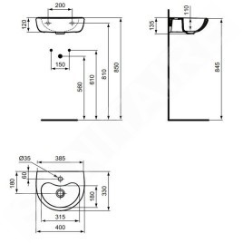 Ideal Standard Contour 21 - Lavabo 400x330 mm, 1 ouverture pour mitigeur, sans déversoir, avec Ideal Plus, blanc S2639MA