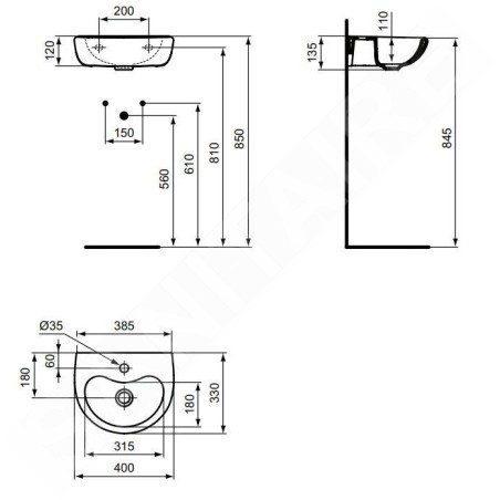 Ideal Standard Contour 21 - Lavabo 400x330 mm, 1 ouverture pour mitigeur, sans déversoir, avec Ideal Plus, blanc S2639MA