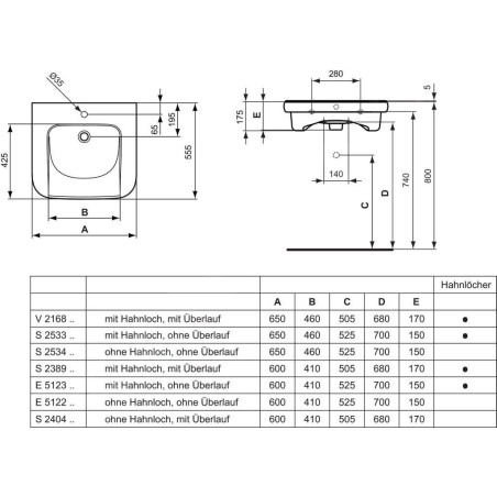 Ideal Standard Contour 21 - Lavabo adapté aux personnes à mobilité réduite 650x560 mm, sans trou pour mitigeur, sans déversoir,