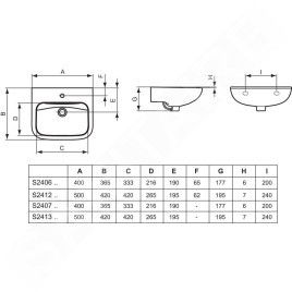 Ideal Standard Contour 21 - Lavabo 400x365 mm, sans ouverture pour mitigeur, sans déversoir, blanc S240701