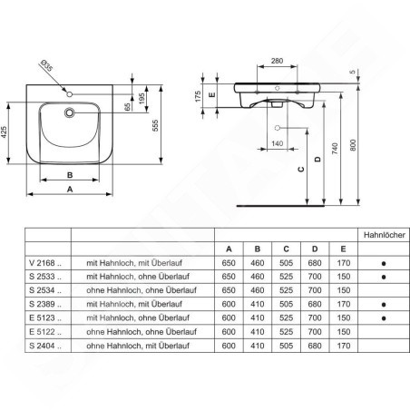 Ideal Standard Contour 21 - Lavabo adapté aux personnes à mobilité réduite 650x560 mm, 1 trou pour mitigeur, sans déversoir,