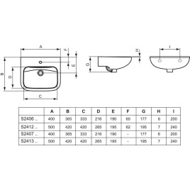 Ideal Standard Contour 21 - Lavabo 400x365 mm, 1 ouverture pour mitigeur, sans déversoir, blanc S240601