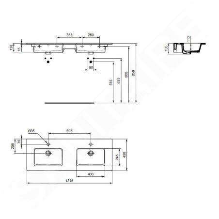 Ideal Standard Tempo - Double vasque, 1215x450 mm, avec trop-plein, blanc E053401