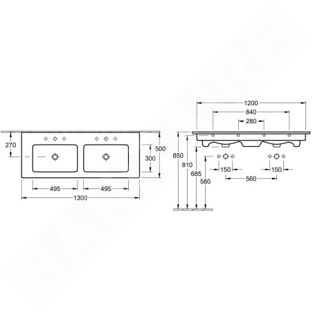 Villeroy & Boch Venticello - Meuble double vasque 1300x500 mm, avec trop-plein, 2 trous de robinetterie, CeramicPlus, blanc