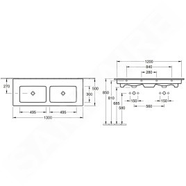 Villeroy & Boch Venticello - Double-lavabo 1300x500 mm, avec trop-plein, sans trou pour robinetterie, CeramicPlus, blanc alpin