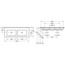 Villeroy & Boch Venticello - Double-lavabo 1300x500 mm, avec trop-plein, sans trou pour robinetterie, blanc alpin 4111DJ01