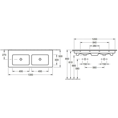 Villeroy & Boch Venticello - Double-lavabo 1300x500 mm, avec trop-plein, sans trou pour robinetterie, blanc alpin 4111DJ01