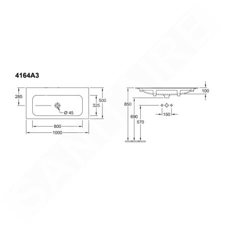 Villeroy & Boch Finion - Meuble lavabo 1000x500 mm, sans trop-plein, sans trou de robinetterie, CeramicPlus, blanc alpin