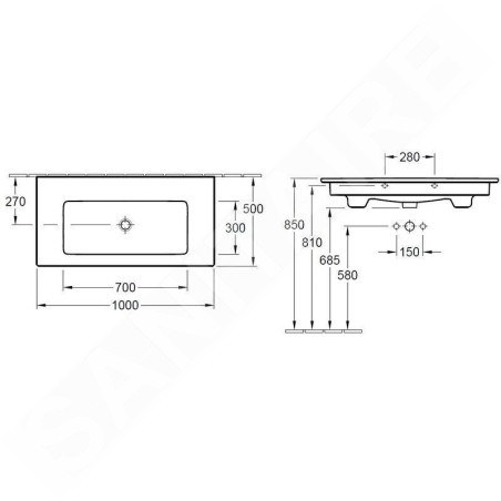 Villeroy & Boch Venticello - Meuble lavabo 1000x500 mm, avec trop-plein, sans trou de robinetterie, blanc alpin 4104AJ01