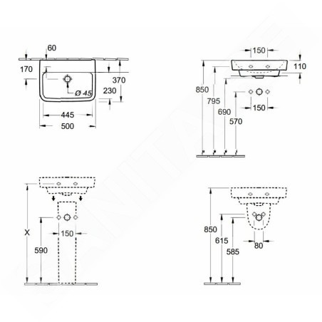 Villeroy & Boch O.novo - Lave-mains 500x370 mm, avec trop-plein, sans trou de robinetterie, blanc alpin 43445201