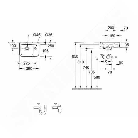Villeroy & Boch O.novo - Lave-mains Compact 360x250 mm, sans trop-plein, avec 1 trou de robinetterie à droite, CeramicPlus,