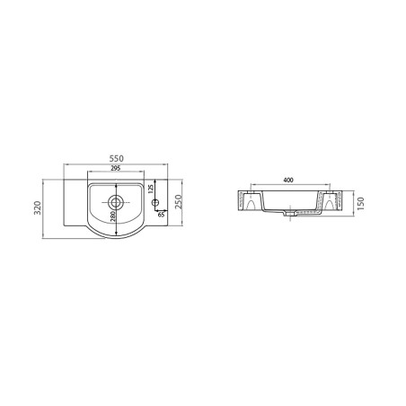Sapho Small - Lave-mains Litos 550x320 mm, avec un trou pour mitigeur à droite, avec trop-plein, blanc 4077