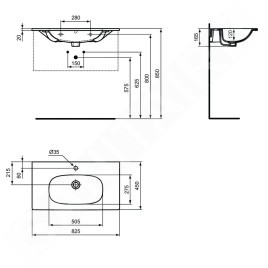 Ideal Standard Tesi - Meuble lavabo 825x450x165 mm, avec trop-plein, un trou pour robinetterie, blanc mat T3509V1