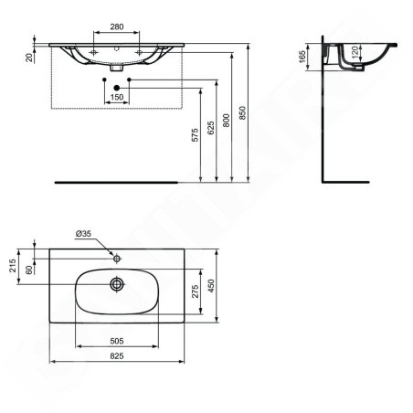 Ideal Standard Tesi - Meuble lavabo 825x450x165 mm, avec trop-plein, un trou pour robinetterie, blanc mat T3509V1