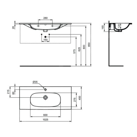 Ideal Standard Tesi - Meuble lavabo 625x450x165 mm, avec trop-plein, un trou pour robinetterie, mat blanc T3508V1