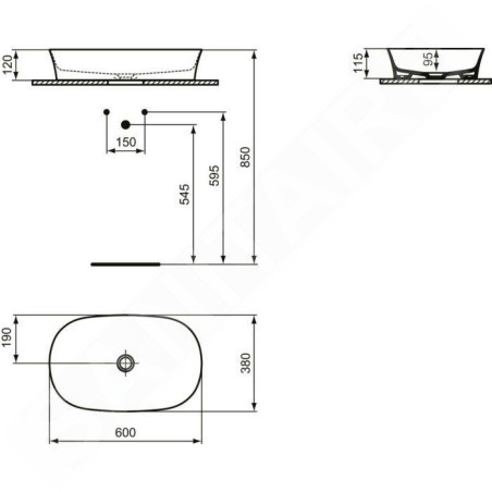 Ideal Standard Ipalyss - Vasque, 600x380 mm, sans trop-plein, Ideal Plus, blanc E1396MA