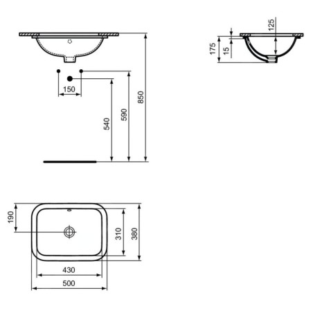 Ideal Standard Connect - Vasque sous plan, 500x380 mm, avec trop-plein, Ideal Plus, blanc E5058MA