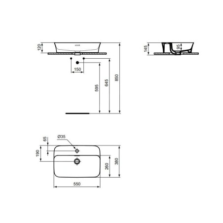 Ideal Standard Ipalyss - Lavabo à poser, 550x380 mm, avec trop-plein, trou pour robinet, blanc mat E2077V1
