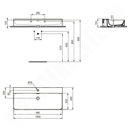 Ideal Standard Conca Ceram - Lavabo 1000x450 mm, avec trop-plein, trou pour robinet, blanc T369301