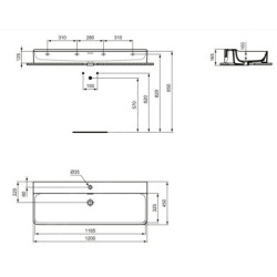 Ideal Standard Conca Ceram - Lavabo 1200x450 mm, avec trop-plein, trou pour robinet, blanc T369401