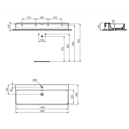 Ideal Standard Conca Ceram - Lavabo 1200x450 mm, avec trop-plein, trou pour robinet, blanc T369401