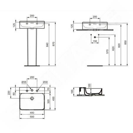 Ideal Standard Conca Ceram - Lavabo 500x450 mm, avec trop-plein, 3 trous pour robinet, blanc T378301