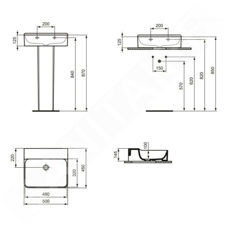 Ideal Standard Conca Ceram - Lavabo 500x450 mm, sans trop-plein, sans trou pour robinet, blanc T378701