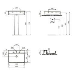 Ideal Standard Conca Ceram - Lavabo 600x450 mm, avec trop-plein, 3 trous pour robinet, blanc T378801