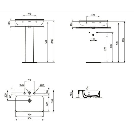 Ideal Standard Conca Ceram - Lavabo 600x450 mm, avec trop-plein, 3 trous pour robinet, blanc T378801