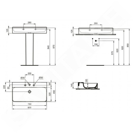 Ideal Standard Conca Ceram - Lavabo 800x450 mm, sans trop-plein, 3 trous pour robinet, blanc T379601