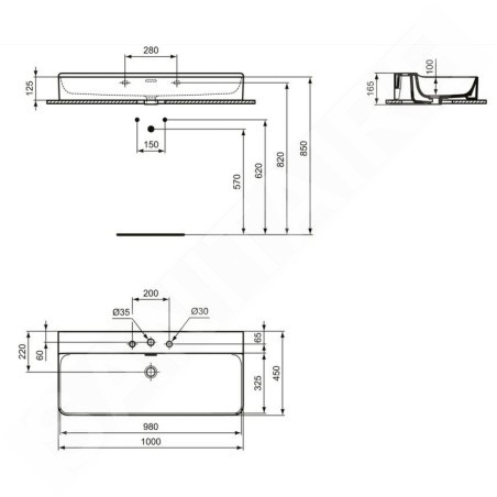 Ideal Standard Conca Ceram - Lavabo 1000x450 mm, avec trop-plein, 3 trous pour robinet, blanc T379801